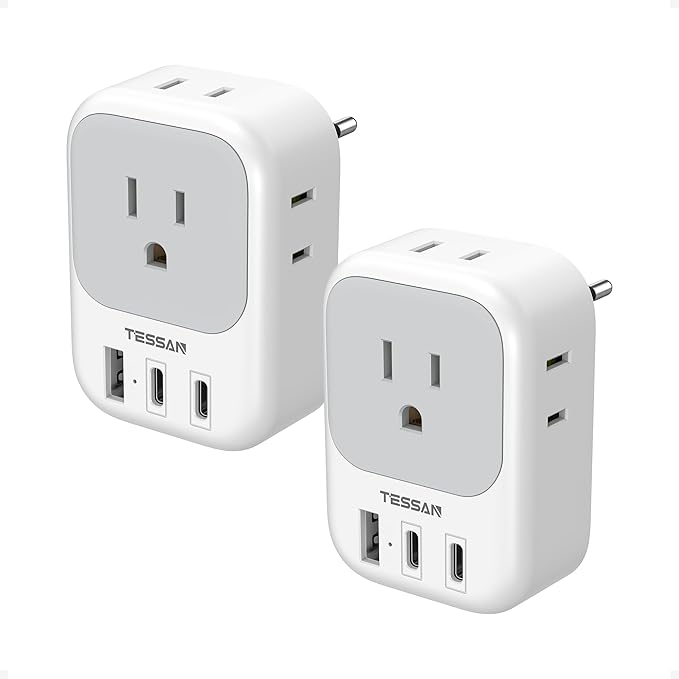 2 Pack European Travel Plug Adapter (No Voltage Conversion), TESSAN US to Europe Plug Adapter with 4 Electrical Outlets 3 USB Ports (2 USB C), Type C Power Adaptor for EU Italy Iceland Spain