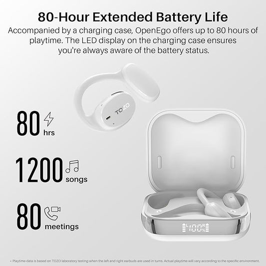 TOZO OpenEgo True Wireless Open Ear Headphone, 5.3 Bluetooth Sport Earbuds with Earhooks for 80H Playback with Digital Display, 32 EQ Modes Dual Mic Clear Call Sweat-Proof for Running, Snow White