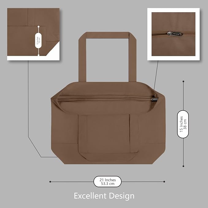 TOPDesign 3-Pack Canvas Tote Bags with an External Pocket, Reusable Grocery Shopping Bags, Top Zipper Closure, Daily Essentials (Brown)