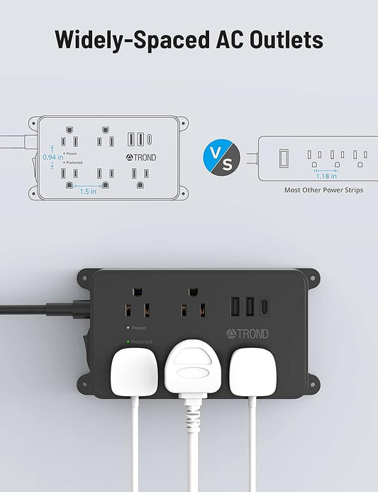 TROND Power Strip Surge Protector, 5 Widely-Spaced Outlets with 2 USB A and 1 USB C, ETL Listed, Wall Mountable, Flat Plug 5ft Extension Cord, 1300J, 14AWG Heavy Duty, for Office Kitchen, Black