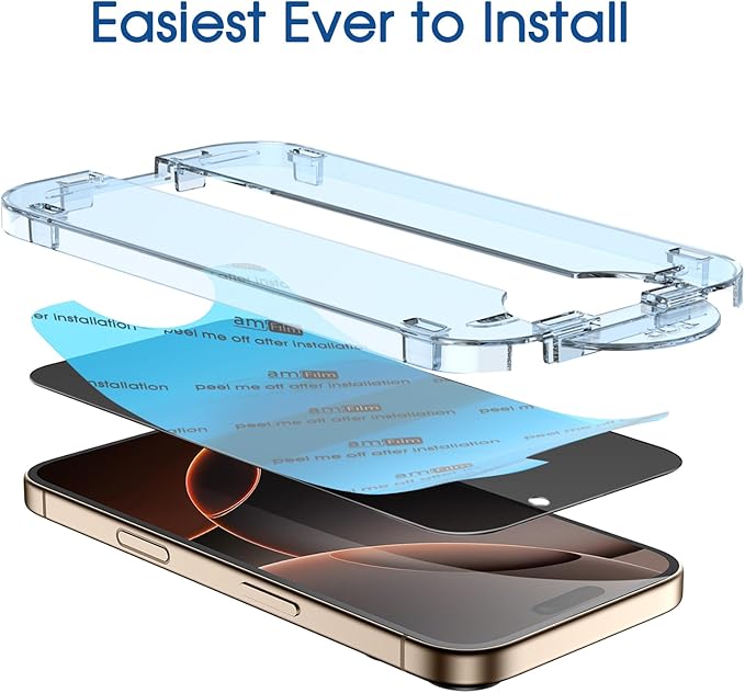 amFilm Auto-Alignment OneTouch for iPhone 16 Pro Max [6.9''] privacy Screen Protector,Tempered Glass, 30 seconds Installation, Bubble Free, Case Friendly, Anti-Scratch [2Pack]