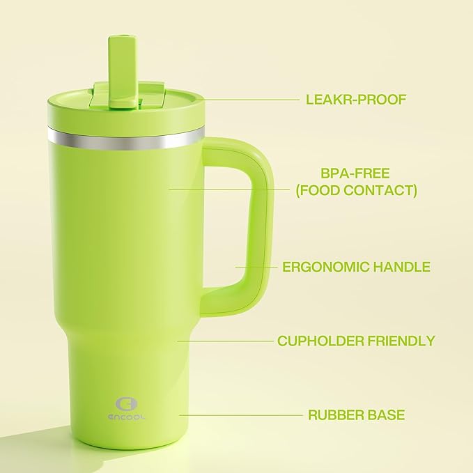 32 oz Tumbler with Handle and Straw: Stainless Steel Insulated Tumbler Keeps Cold for 24 Hours, Leakproof Travel Cup Fits in Cup Holder and BPA-Free, Sharp Green