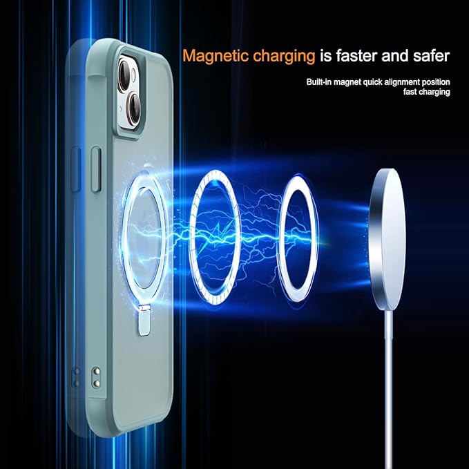 Compatible with iPhone 14 Plus Case with Invisible Magnetic O-Ring Stand Military-Grade Translucent Case for iPhone 14 Plus 6.7" [Compatible with Mag-Safe][Great Grip Feeling], Blue