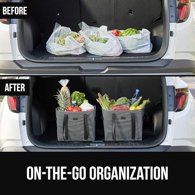 GORILLA GRIP Heavy Duty Foldable Reusable Grocery Bags, 3 Pack, Tear Resistant Box Shape Shopping Tote with Reinforced Handles, Grip Feet, Easily Carry and Transport Groceries, 13x10x11, Gray Black