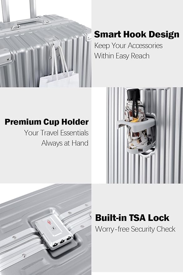 HotWay 26 Inch Aluminum Frame Luggage with Spinner Wheels, PC Hard Shell Suitcase with Cup Holder, Zipperless Luggage for Business Travel, Silver