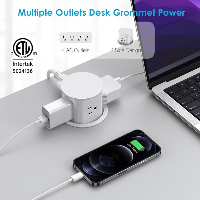 Jgstkcity Pop Up Outlet for Countertop, Flush Mount Tamper Resistant Space Saver Recessed 1875W Grommet,4 Outlets,15Amp Receptacle,ETL Listed,3.15inch Hole,White