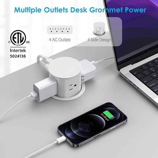 Jgstkcity Pop Up Outlet for Countertop, Flush Mount Tamper Resistant Space Saver Recessed 1875W Grommet,4 Outlets,15Amp Receptacle,ETL Listed,3.15inch Hole,White