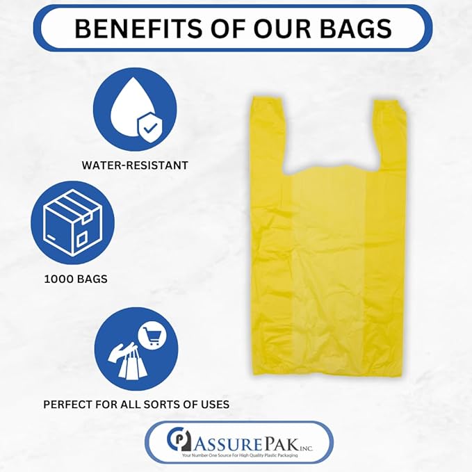 1000 Bags - Colored Unprinted HDPE T-Shirt Bags - 1/6 BBL 11.5"X6"X21" - 13 microns - Yellow - Perfect for Groceries, Shopping, Boutique Bags and Retail Stores LOOP-YELLOW