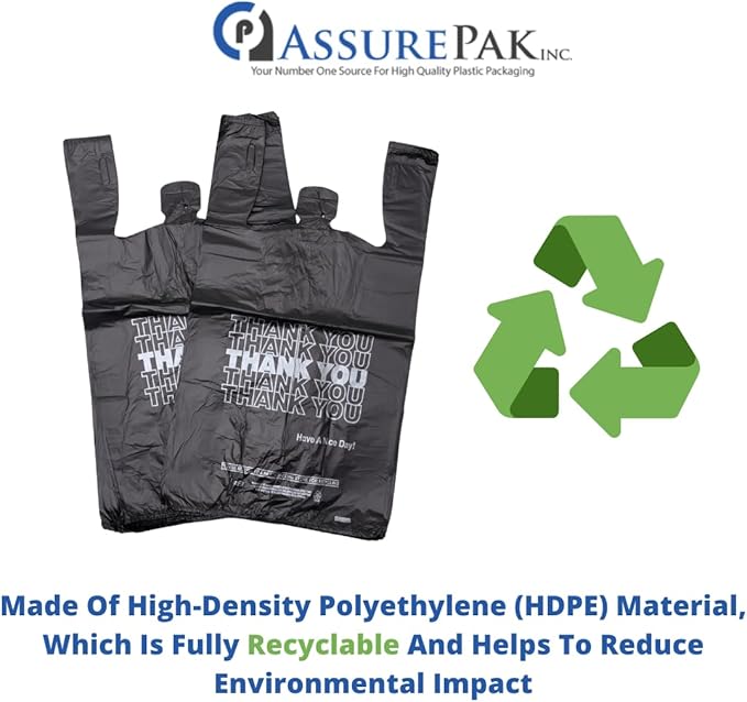 Easy Open - 800 Bags - Black Printed HDPE T-Shirt Bags - 1/6 BBL 11.5"X6"X21" - 13 microns - Black - Thank You Shopping Bags for Retail, Takeout, Restaurant Supplies – 208015STY-EO