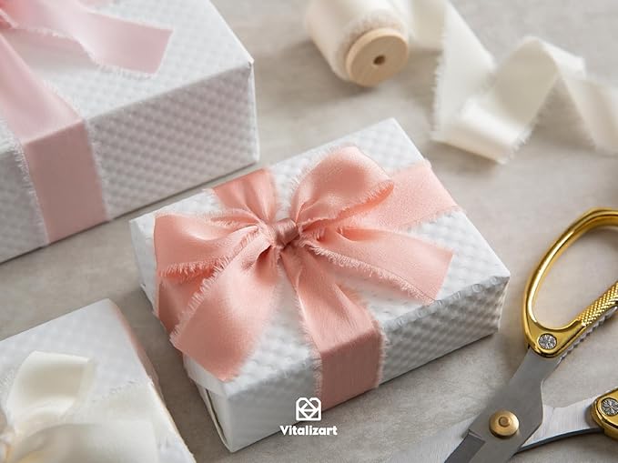 Vitalizart Pink Silk Satin Ribbon 1 Inch x 15 Yard Wooden Spool Handmade Frayed Ribbon for Gift Wrapping Baby Shower Wedding Bridal Bouquets Holiday Decor 3 Rolls x 5 Yard