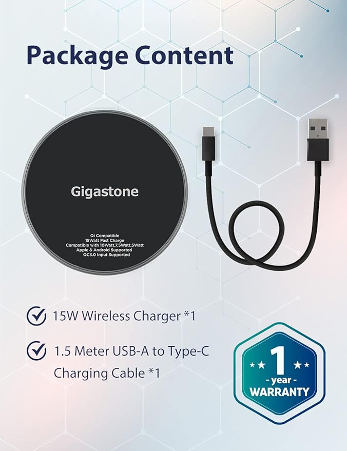 Gigastone 2 Pack Wireless Charger, 15W Max Qi-Certified Fast Wireless Charging Pad, Compatible with iPhone 16/15 / 14/13/12/11/X/8 Series, Samsung S24/S23/S22/S21/Note,Pixel,LG, AirPods Pro