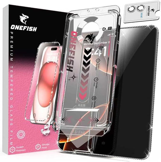 OneFish Women Fashion Privacy Screen Protector for iPhone 16 [6.1 inch]+ Camera Lens Protector, Sparkling Diamond Bling Edge 9H Tempered High-Definition Glass
