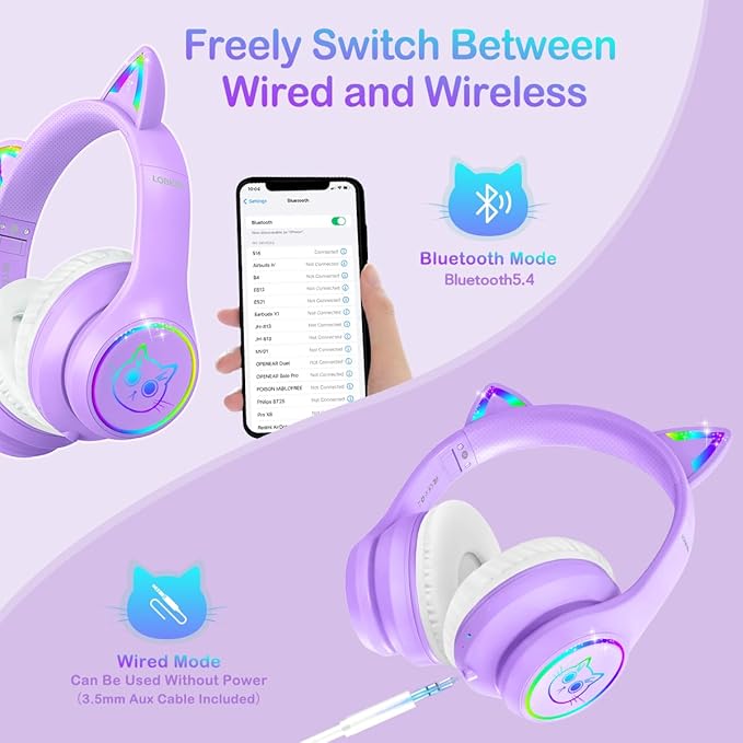LOBKIN Bluetooth 5.4 Kids Headphones with Case - RGB LED Light Up Cat Ears Foldable Adjustable Over Ear Headphone Support Wireless or 3.5mm Wired Mode for Toddler & Girls & Boys Teens