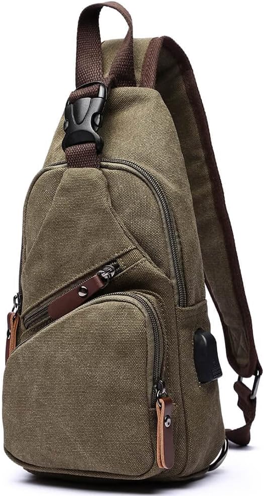Canvas Sling Bag Crossbody Backpack Shoulder Casual Rucksack for Men Women Outdoor Cycling Hiking Travel Fishing Green