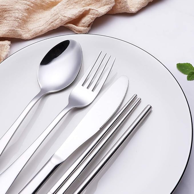 Travel Stainless Steel Utensils Set with Case – 8-Piece Reusable Flatware Kit Includes Fork, Knife, Spoon, Chopsticks, Straws, Brush & Bag – Portable Cutlery for Camping, Work, Picnic (Silver)