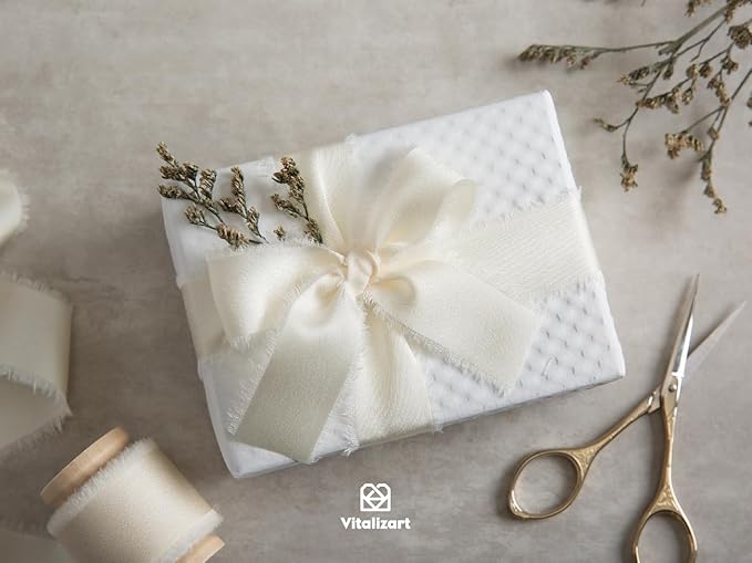 Vitalizart Silk Satin Ribbon 1 Inch x 15 Yard Wooden Spool Cream White Handmade Frayed Ivory Ribbon for Gift Wrapping Baby Shower Wedding Bridal Bouquets Holiday Decor 3 Rolls x 5 Yard