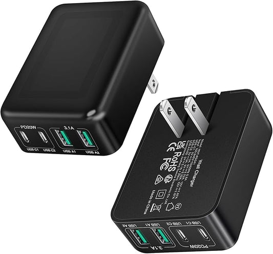 2Pack Flat USB C Charger Block • 40W Foldable & Slim Fast Charging Block • 4Ports USB Wall Plug Cube Box Compatible with iPhone 16/15 Samsung, Pixel, Tablets, Multiport Power Adapter Type C Brick