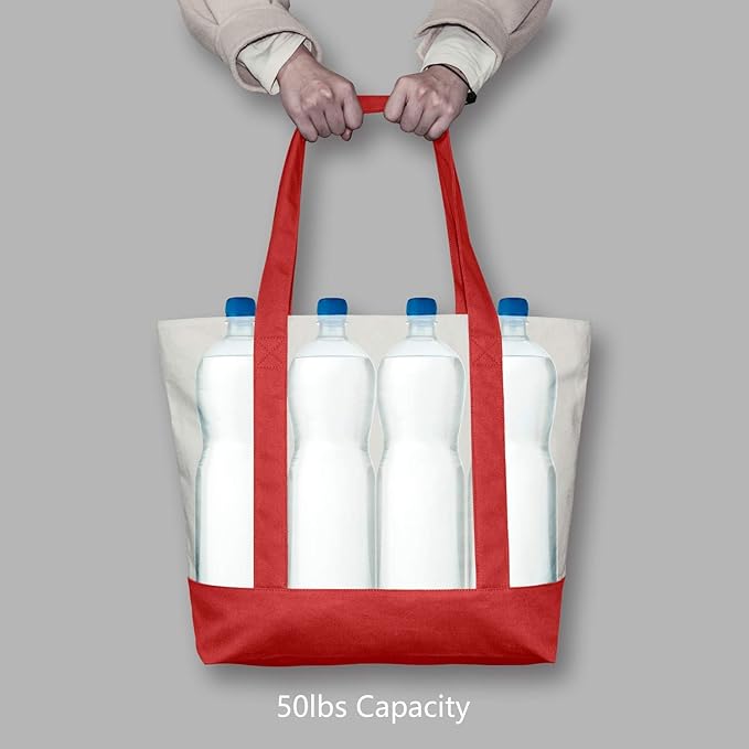 TOPDesign 1-Pack Canvas Tote Bag with an External Pocket, Reusable Grocery Shopping Bag, Top Zipper Closure, Daily Essentials (Red/Natural)