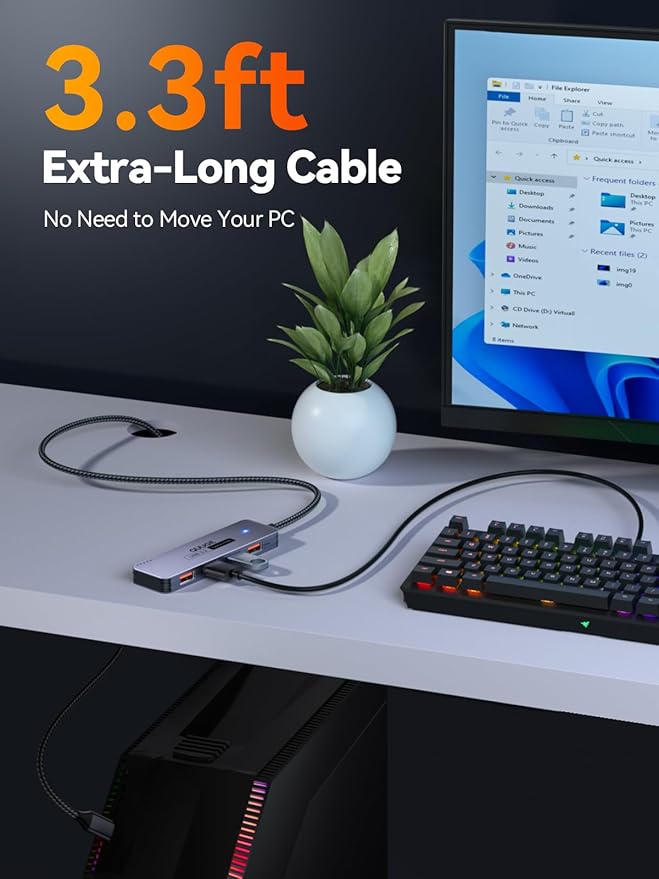 USB C Hub 10Gbps, Type C to USB Multiport Adapter, USB C to USB Extender USB 3.2 Gen 2 Protocol, for MacBook, iMac, Surface, Mobile HDD, and More (3.3ft USB-C Connector, Charging Not Supported)