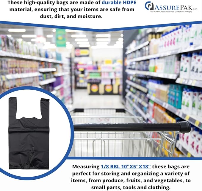 Black Unprinted HDPE T-Shirt Bags - 1/8 BBL 10"X5"X18" - 200 Bags - 30 microns - Black - Perfect for Grocery Shopping and Store Purchases BLK818EHD30M-EO - AssurePak