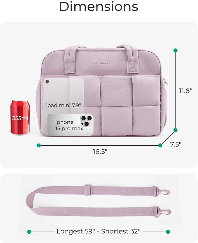 BAGSMART Gym Bag for Women, 24L Puffer Travel Duffle Bag for Travel with Laptop Compartment, Weekender Bags for Women, Carry On Duffel Bag Personal Item Bag, Mist Purple