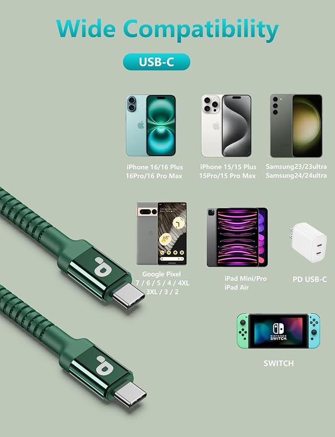 USB C Cable Fast Charging 10FT, 2Pack USBC to USBC Cable, iPhone 16 15 Charger Long Type C Nylon Braided USB-C Charger Cord for iPhone 17/16/15/Pro Max/Plus/Samsung Galaxy S23/LG/Switch-Green