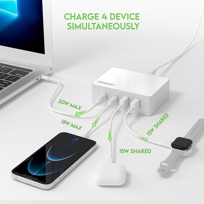 Fenergy 65W USB C Charger Block, GaN Fast Charging Station Hub, 4-Ports USB C and USB A Multiport Desktop Charger Adapter Plug Cube with 6ft AC Cable for iPhone 15 Pro Max/iPad/Galaxy/Tablet and More