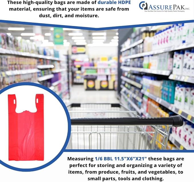 Easy Open - 1000 Bags - Colored Unprinted HDPE T-Shirt Bags - 1/6 BBL 11.5"X6"X21" - 13 microns - Red - Perfect for Groceries, Shopping and Retail Stores LOOP-RED-EO