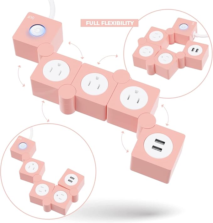 iJoy Flexible Power Strip - 3 AC Outlets and 2 USB Charging Ports with Pink Extension Cord, Power Strips with Surge Protection, Decorative Surge Protector Outlet Extender for Home, Office, and More