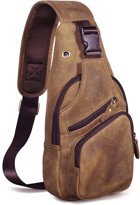 Le'aokuu Men Fashion Casual Tea Designer Travel Hiking Crossbody Chest Sling Bag Rig One Shoulder Strap Bag Men Leather 8015