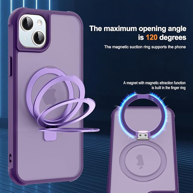 Compatible with iPhone 14 Plus Case with Invisible Magnetic O-Ring Stand Military-Grade Translucent Case for iPhone 14 Plus 6.7" [Compatible with Mag-Safe][Great Grip Feeling], Purple