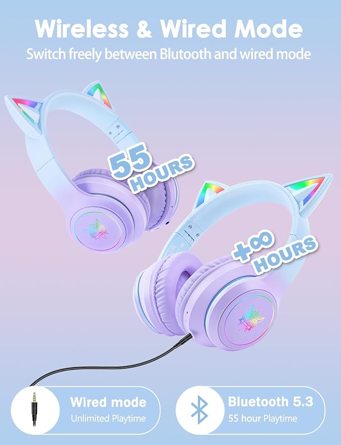 Cat Ear Bluetooth Headphones with Micphone for Kids & Adults, LED Light Up Wireless HI-FI Sound Quality, Over-Ear Headphones with Volume Control for iPhone/iPad/Laptop/PC(55H Play Time)