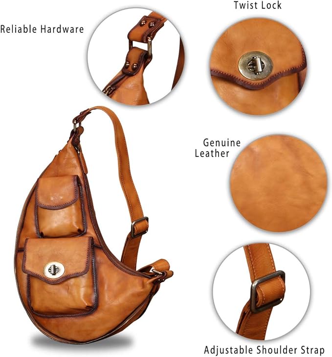 Genuine Leather Large Sling Bag for Men and Women Vintage Real Leather Sling Backpack Shoulder Crossbody Bag Chest Bag