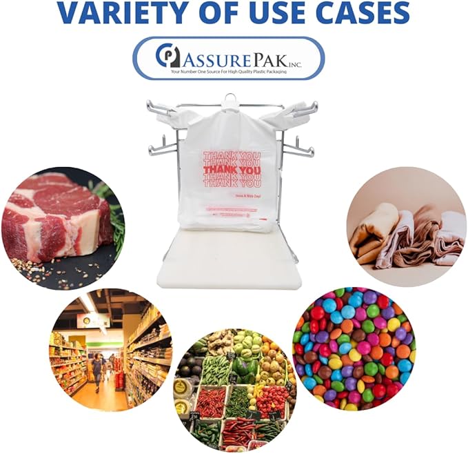 White 'Thank You' HDPE T-Shirt Bags - Grocery Bags with Handles – 1/6 BBL Size 11.5"x6"x21" – 15 Microns – 1000 units – Thank You Shopping Bags for Retail, Takeout, Restaurant Supplies – AssurePak