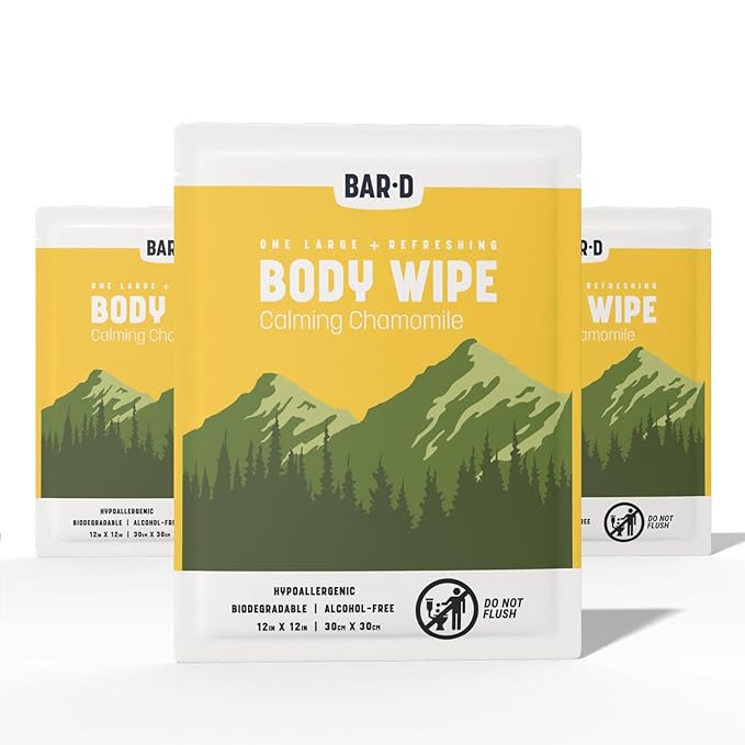 Bar-D Cleansing Face & Body Wipes for Women and Men - Individually Wrapped Biodegradable Shower Wipes with chamomile, 12x12 Inch, Pack of 20 (20 Count/Box), Chamomile scent