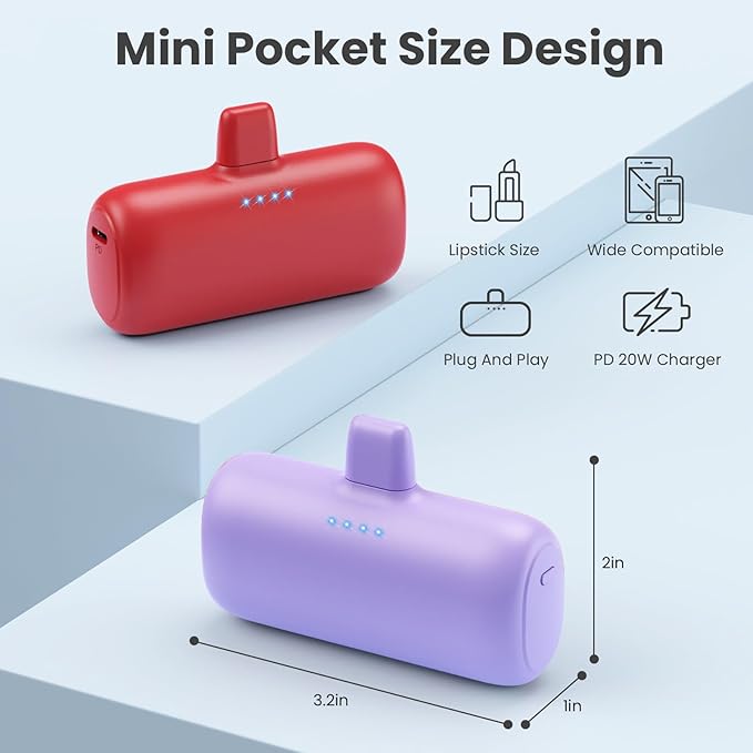 [2-Pack] Mini Portable Charger for iPhone,5200mAh Ultra Compact PD Fast Charging Power Bank,Plug-in Battery Pack Travel Cordless Phone Charger,Compatible with iPhone 14/14Pro/13/12/11/X/8(Purple+Red)