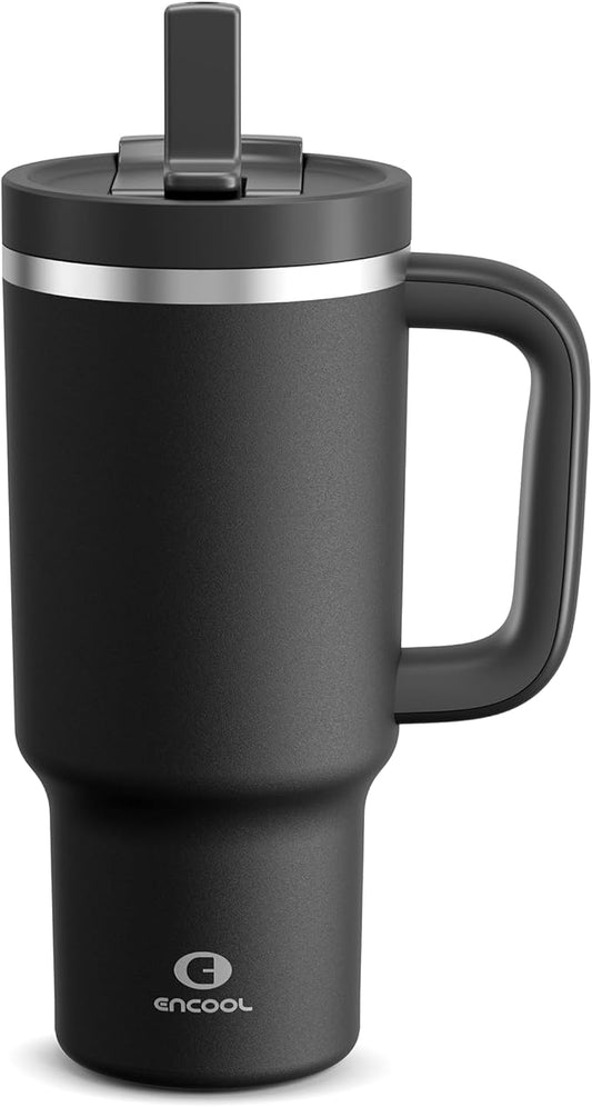 32 oz Tumbler with Handle and Straw: Stainless Steel Insulated Tumbler Keeps Cold for 24 Hours, Leakproof Travel Cup Fits in Cup Holder and BPA-Free, Black Night