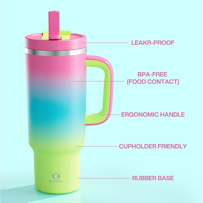 40 oz Tumbler with Handle and Straw: Stainless Steel Insulated Tumbler Keeps Cold for 24 Hours, Leakproof Travel Cup Fits in Cup Holder and BPA-Free, Lime Sorbet