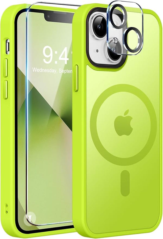 MOCCA Strong Magnetic for iPhone 13 Case, [Compatible with Magsafe][Screen Protector+Camera Lens Protector] Translucent Matte Back Slim Shockproof Case for iPhone 13 Phone Case 6.1", Fluorescent Green