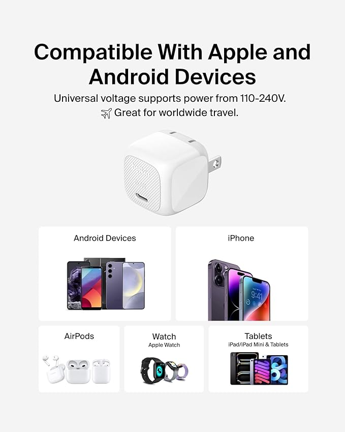 Belkin USB C Charger Block 20W, Fast Charging Block, Type C Wall Charger, USB C Cable Included Compatible w/Apple iPhone 17, Air, Pro, Samsung Galaxy S25, Google Pixel 10, iPad, AirPods, etc. - White