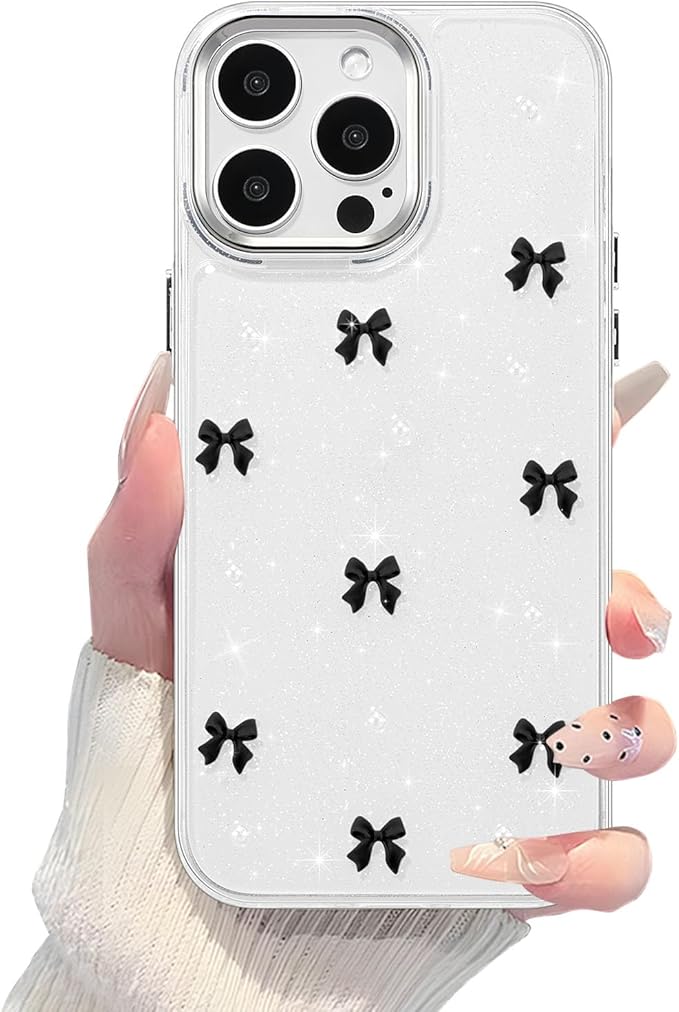 EYZUTAK Case for iPhone 13 Pro, Bling Glitter 3D Bowknot Phone Case Cute Sparkly Crystal Clear Bow Aesthetic Design Case Slim Soft Durable TPU Transparent Protective Cover for Women Girl - Black Bow