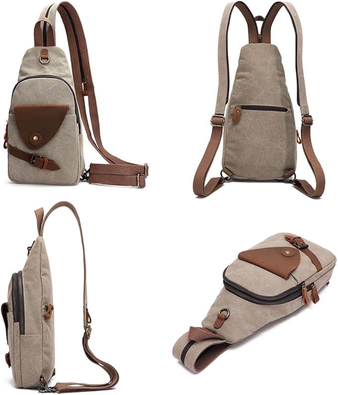KL928 Canvas Sling Bag Crossbody Backpack Shoulder Casual Rucksack for Men Women,Khaki