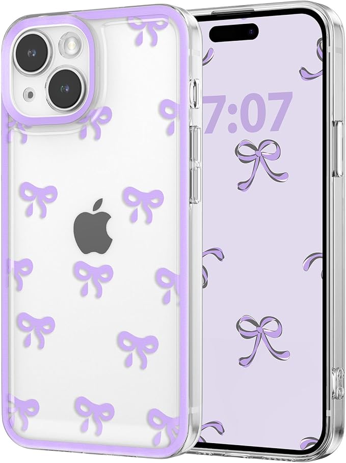 EYZUTAK Case for iPhone 14 Plus, Clear Cute Ribbon Bowknot Pattern Aesthetic Transparent Phone Case Raised Camera Protection Stylish Slim Soft Durable TPU Protective Cover for Women Girls - Purple