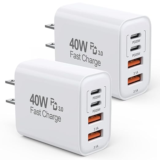 40W iPhone 16 15 Charger Block Fast Charging, 2-Pack USB C Wall Charger, 4-Port Fast USB Wall Adapter PD+QC Multiport Block Cube for iPhone 16/16 Pro/15/14/13/12/11/Pro Max/XS/XR, iPad 12.9