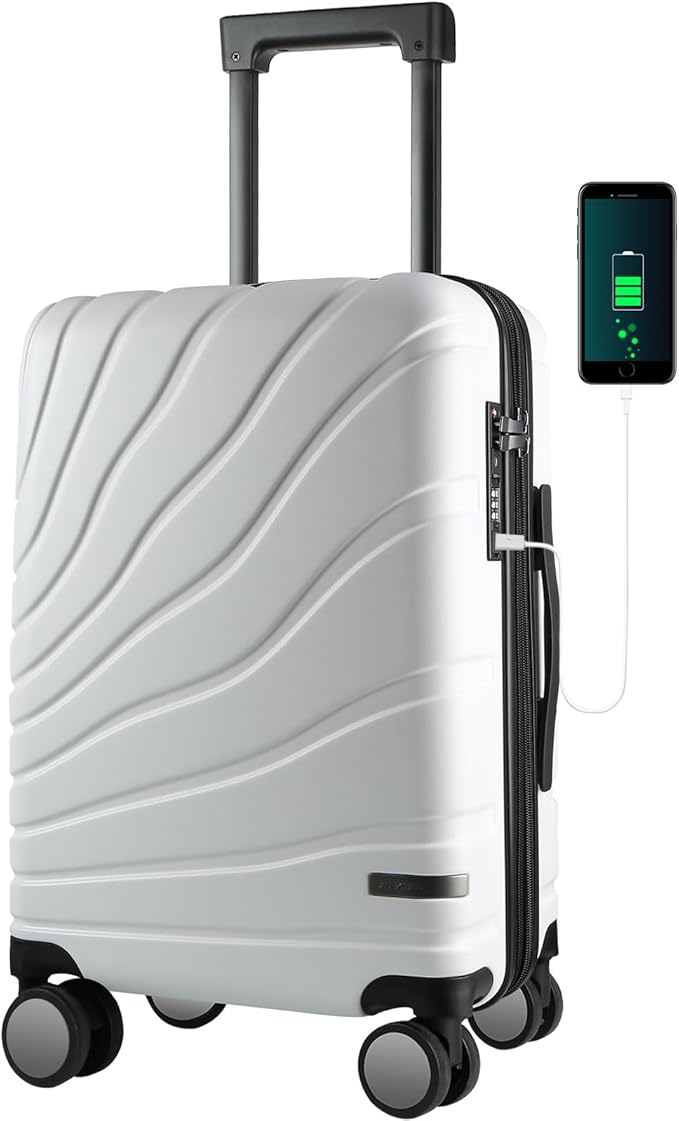 VANKEAN Carry On Luggage with Spinner Wheels & TSA Lock, Expandable Fashionable Hard Shell Suitcase airline approved，20 Inch Carry-On，White