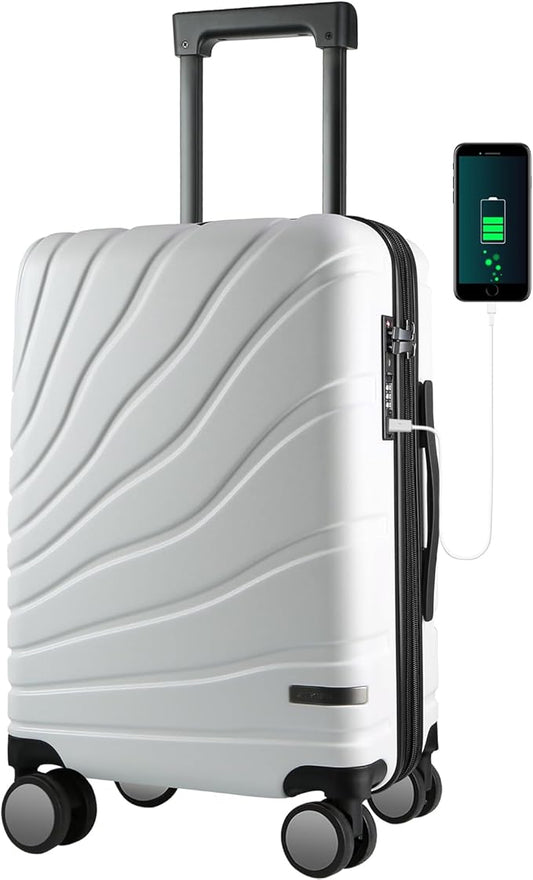 VANKEAN Carry On Luggage with Spinner Wheels & TSA Lock, Expandable Fashionable Hard Shell Suitcase airline approved，20 Inch Carry-On，White