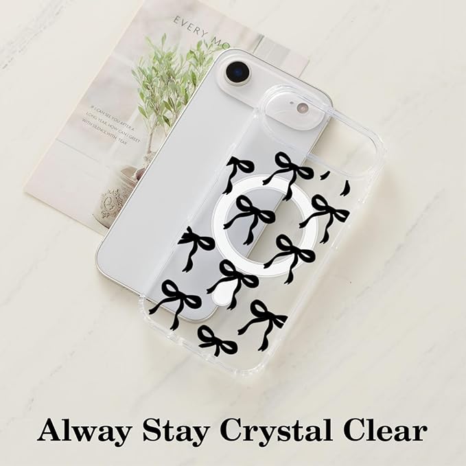 UEEBAI Magnetic for iPhone Air Case, Bow Case Compatible with MagSafe, Wireless Slim Clear Ribbon Aesthetic Phone Cover Anti-Yellowing Shockproof Protective Cover for Women Girl - Black