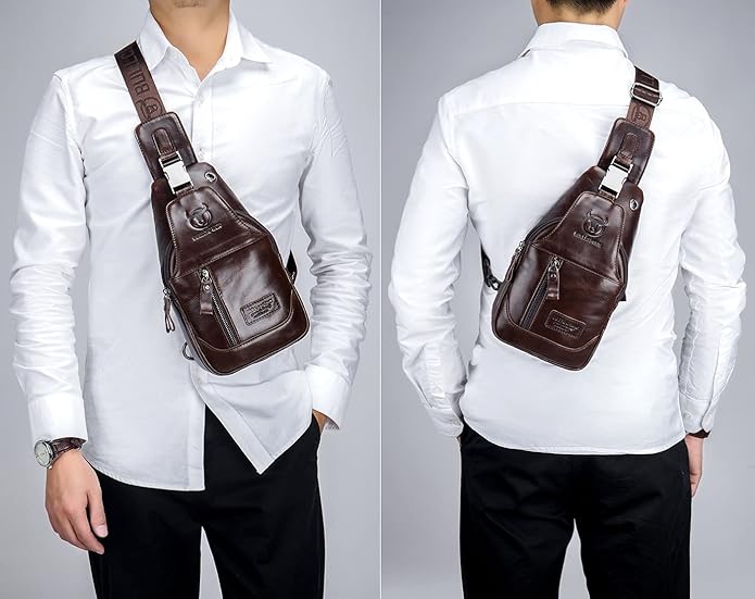 BULLCAPTAIN Genuine Leather Men Sling Backpack Multi Pocket Crossbody Chest Bags Travel Hiking Daypack