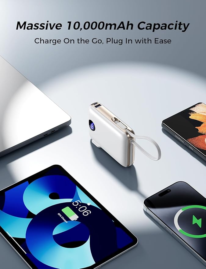 Portable Charger with Built in Cables & Wall Plug,10000mAh Power Bank, 4 Outputs,22.5W USB C Fast Charging,Slim Travel Essential Battery Pack with LED Display for iPhone 17/16/15/14 Series, Samsung