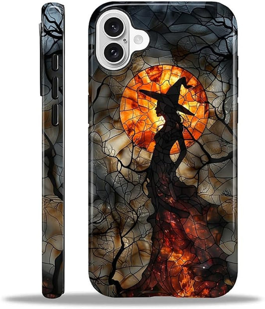 Case for iPhone 16 Case,Halloween Witch Moon Stained Glass Design - Hybrid Dual Protection Silicone + Hard PC Shockproof Full Body Cover Slim Anti-Scratch Protective Case for Men Women